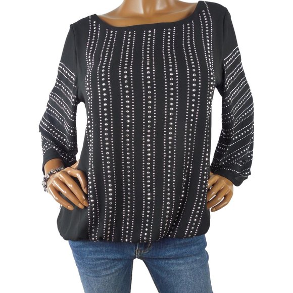 ALFANI Top M/10 Party Blouse Black with Silver Studs Bubble Hem 3/4 Flared Slvs - Picture 2 of 12